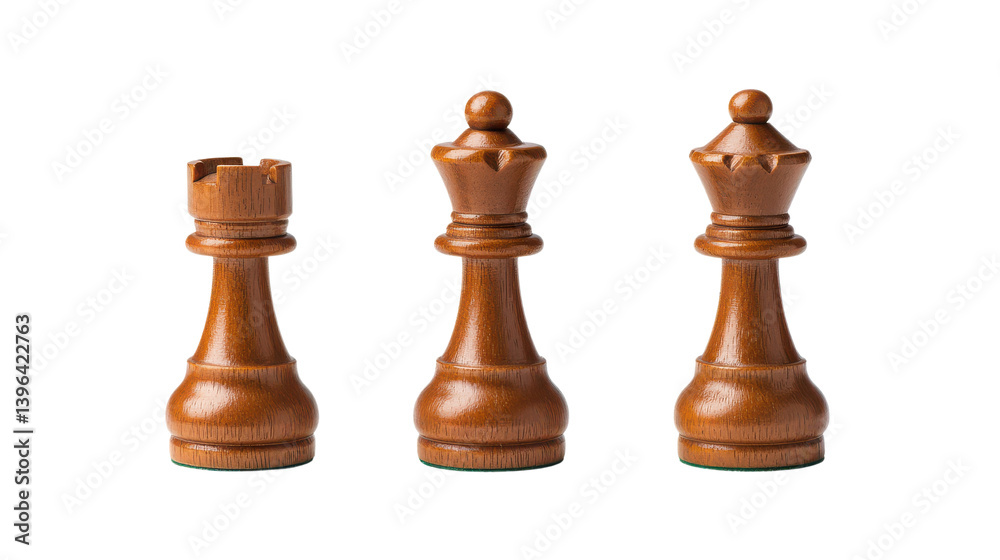 Chess Pieces Set on White Background - King, Queen, Rook Detail Chess Pieces Set on White Background - King, Queen, Rook Detail