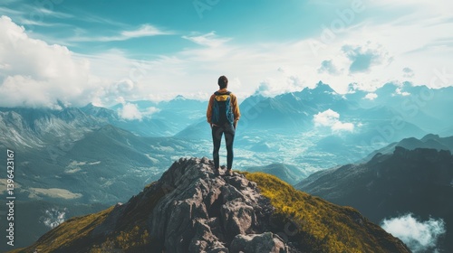 Man on mountaintop inspiring landscape view
