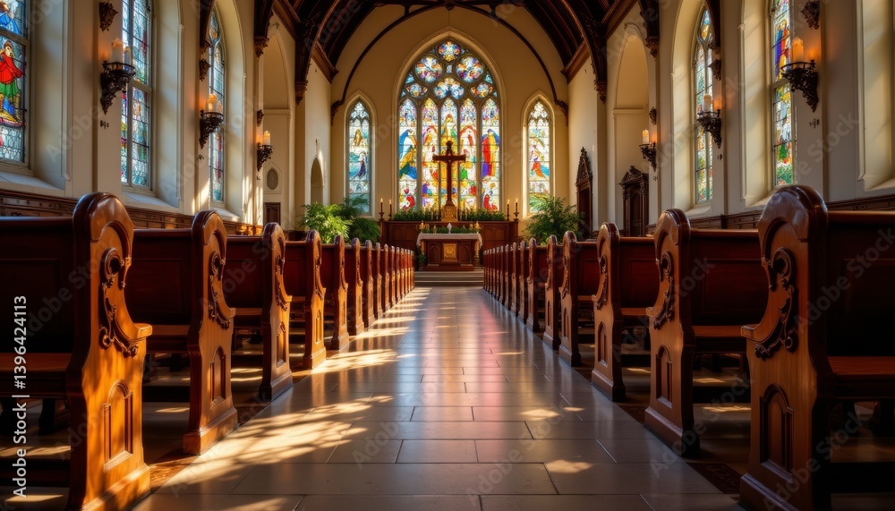 Fototapeta premium Church Interior with Stained Glass Windows