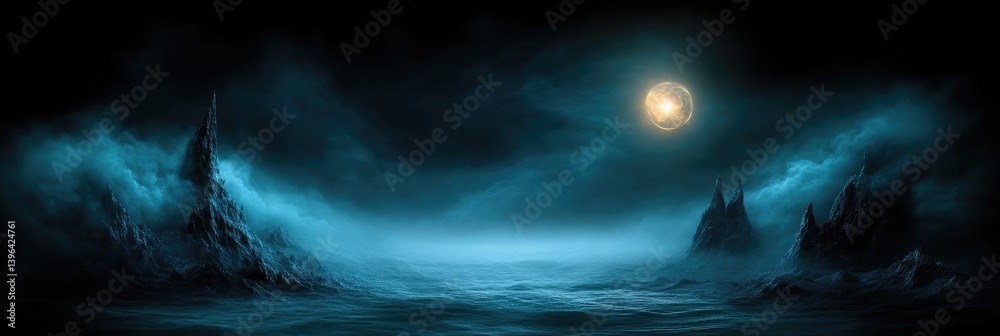 Naklejka premium Misty Night Landscape with Moonlit Peaks