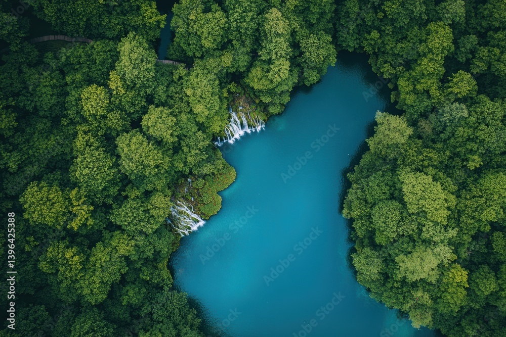 Naklejka premium Azure Oasis: An aerial vista unveils a pristine, aquamarine lake embraced by a vibrant forest of emerald trees, creating a serene and picturesque sanctuary.