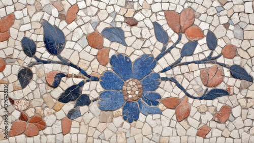 Blue Flower Mosaic Artwork with Terracotta and Beige Stones photo