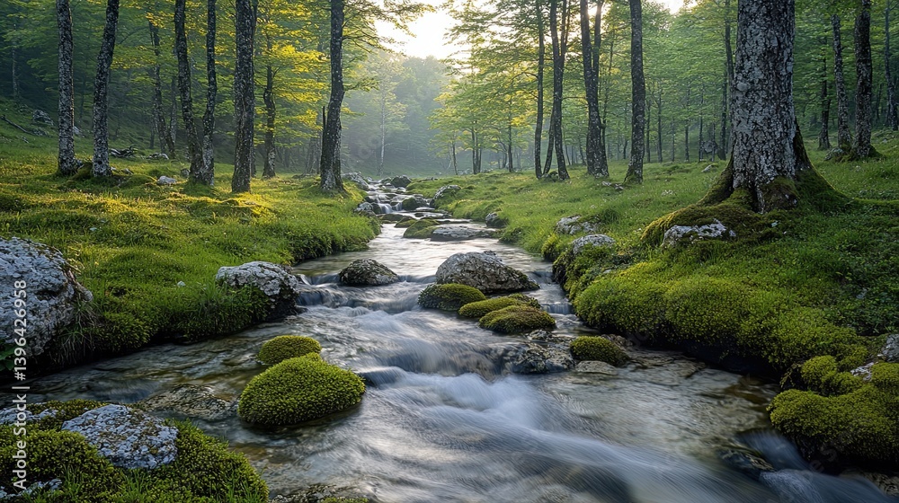 A flowing stream runs through a serene and verdant forest A flowing stream runs through a serene and verdant forest