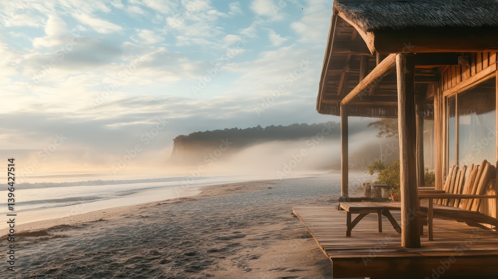 Misty beach house sunrise view Misty beach house sunrise view