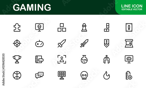 Essential Gaming Icon Set Vector Illustration. Packed with Popular Symbols for Video Games, Joysticks, and Gamer Gear