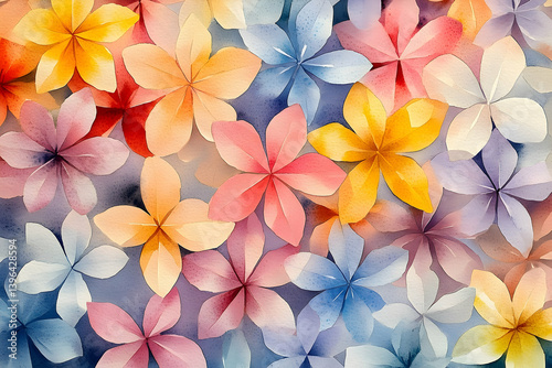 A vibrant floral design with overlapping watercolor flowers in pastel shades.