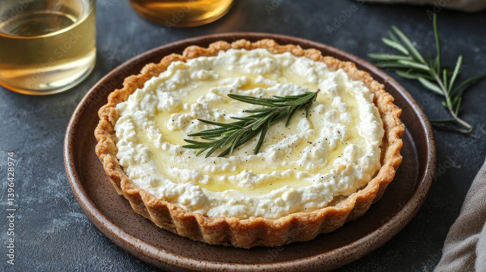 A honey-drizzled ricotta tart on an earthenware plate, paired with a sprig of rosemary and a glass of white vermouth. A honey-drizzled ricotta tart on an earthenware plate, paired with a sprig of rosemary and a glass of white vermouth.