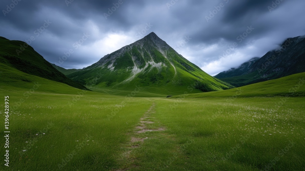 Fototapeta premium Mountain valley vista. Lush green meadow, path to peak under dramatic sky