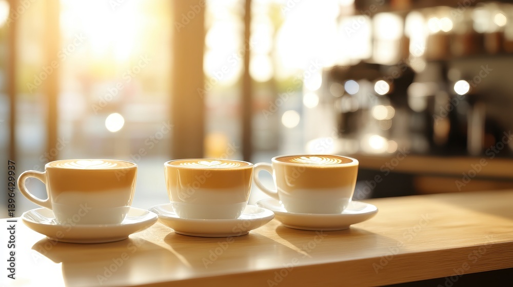 Three beautifully crafted coffee cups on a wooden counter in a sunlit cafe setting Three beautifully crafted coffee cups on a wooden counter in a sunlit cafe setting