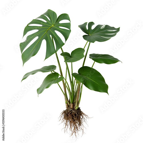 Monstera-Deliciosa-Plant-Roots-Green-Leaves-Isolated