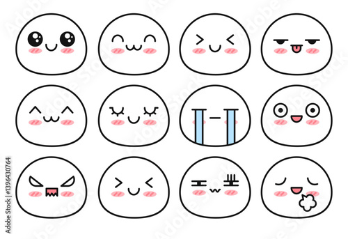 Set of Kawaii Emoji Faces with Various Emotions