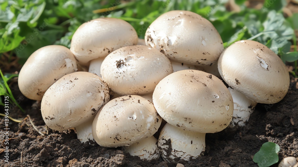 Bunch of White Mushrooms Growing in Rich Soil with Greenery Bunch of White Mushrooms Growing in Rich Soil with Greenery