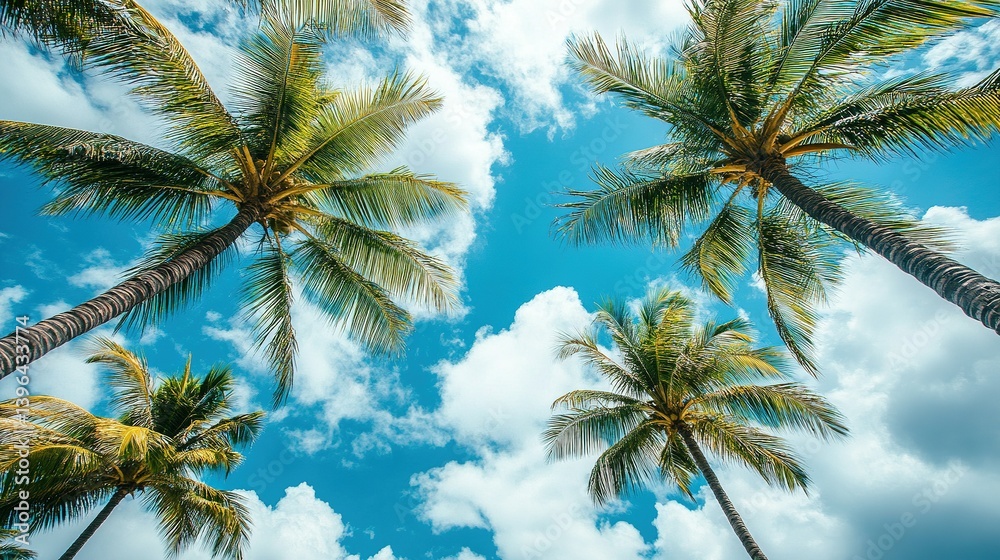 Obraz premium Lush palm trees reaching for a vibrant summer sky.