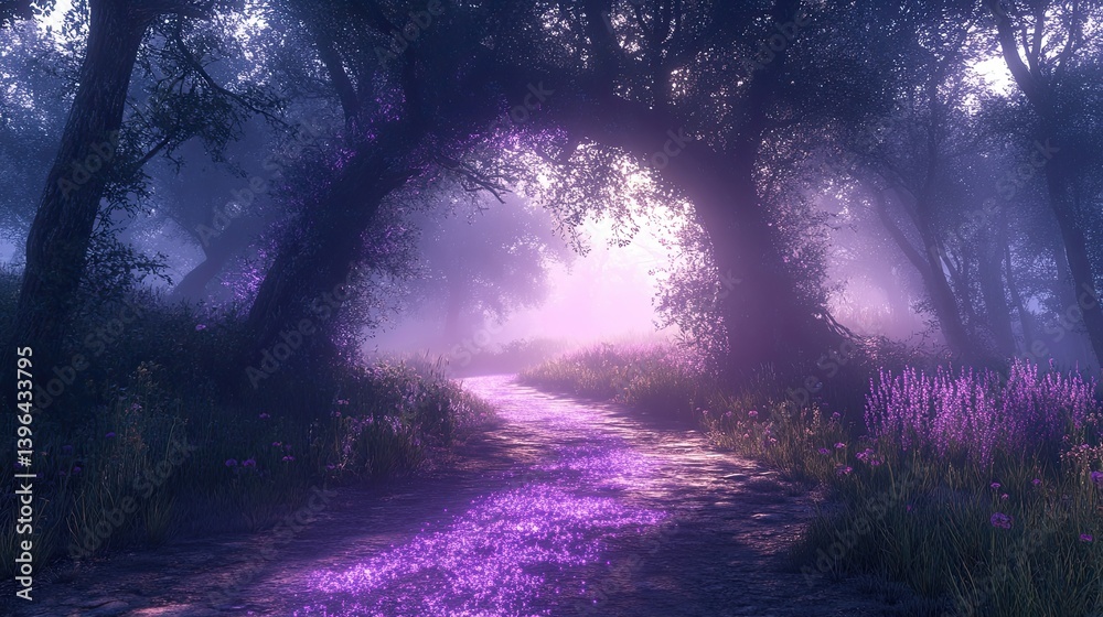Obraz premium A scenic forest path bathed in enchanting ethereal violet light