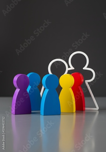 Colorful wooden figurines, There is one person missing to complete the team. Recruiting workers. Workforce gaps, job recruitment, and staffing needs. Job vacancy. Talent acquisition campaigns to fill 