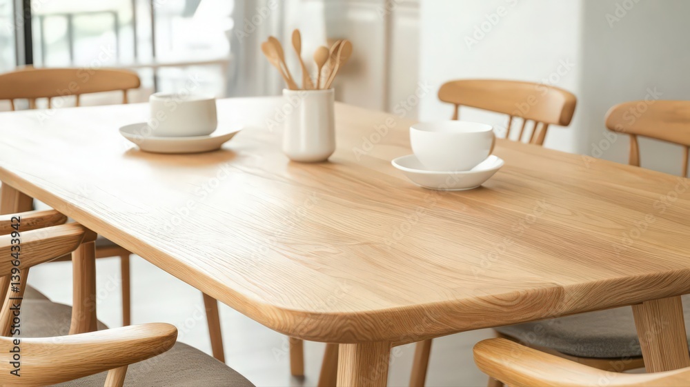 Bright Indoor Dining Room with Wooden Table and Chairs in Natural Light with Dishware and Minimalist Decoration and White Ceramics