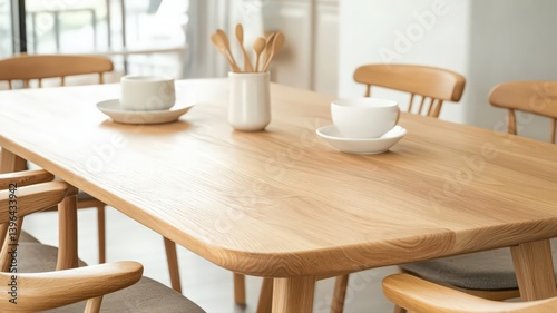 Obraz na płótnie Bright Indoor Dining Room with Wooden Table and Chairs in Natural Light with Dishware and Minimalist Decoration and White Ceramics w salonie