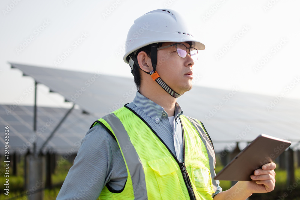 asian engineer working on digital tablet in solar power station asian engineer working on digital tablet in solar power station