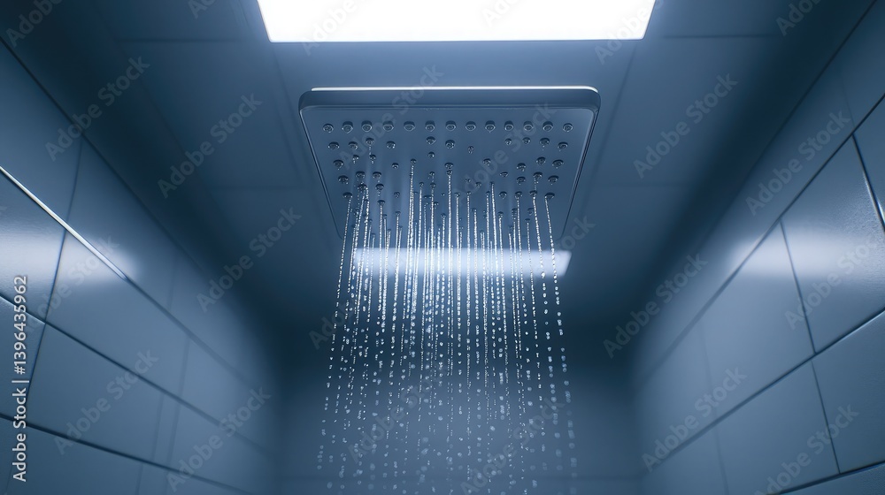 Obraz premium Close-up of water drops falling in vertical streams from a large square showerhead in a sleek space