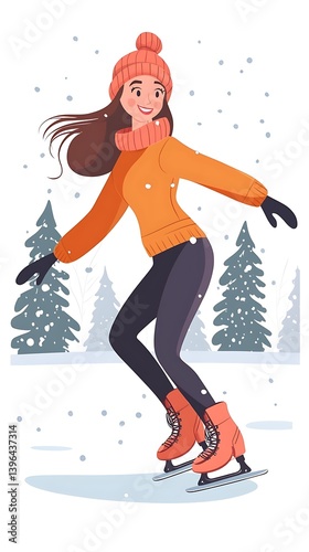 Woman Ice Skating Winter Scene