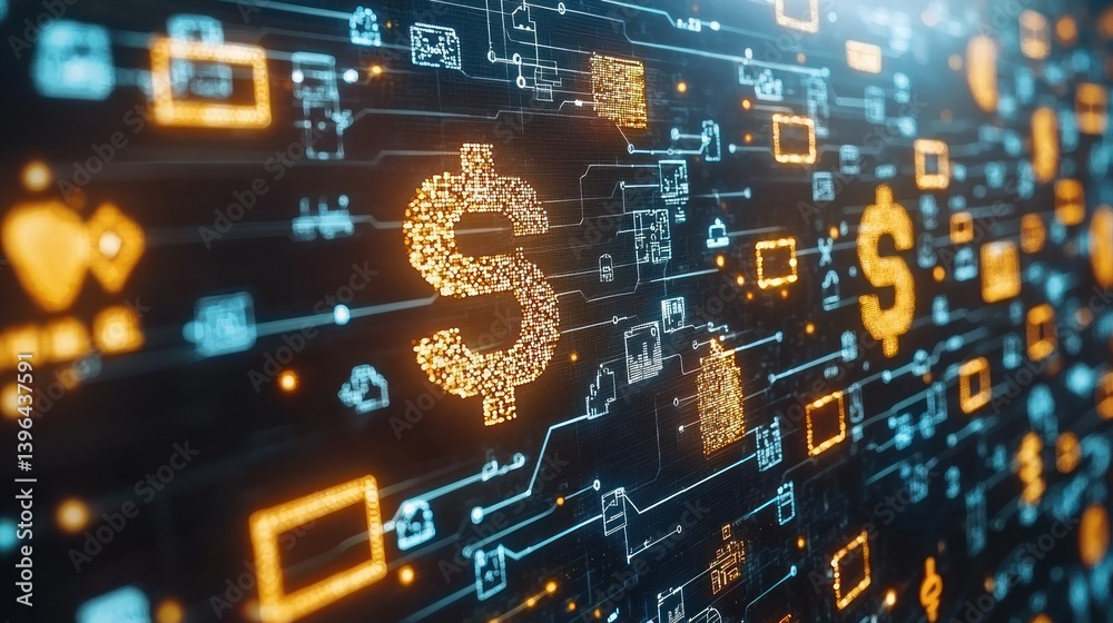 Fototapeta premium Glowing dollar signs amid digital web of lines, icons, and squares