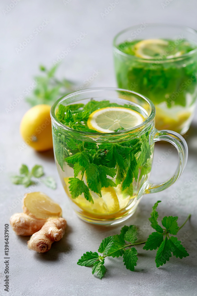 Mint nettle infusion with ginger and lemon slices Mint nettle infusion with ginger and lemon slices