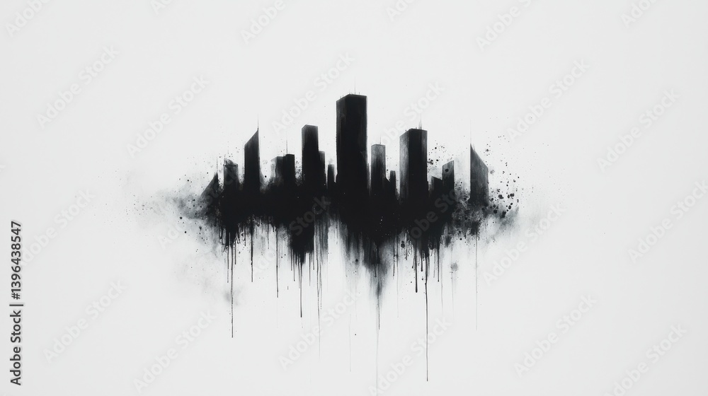 Fototapeta premium A striking silhouette of a city skyline in black paint with dripping effects.