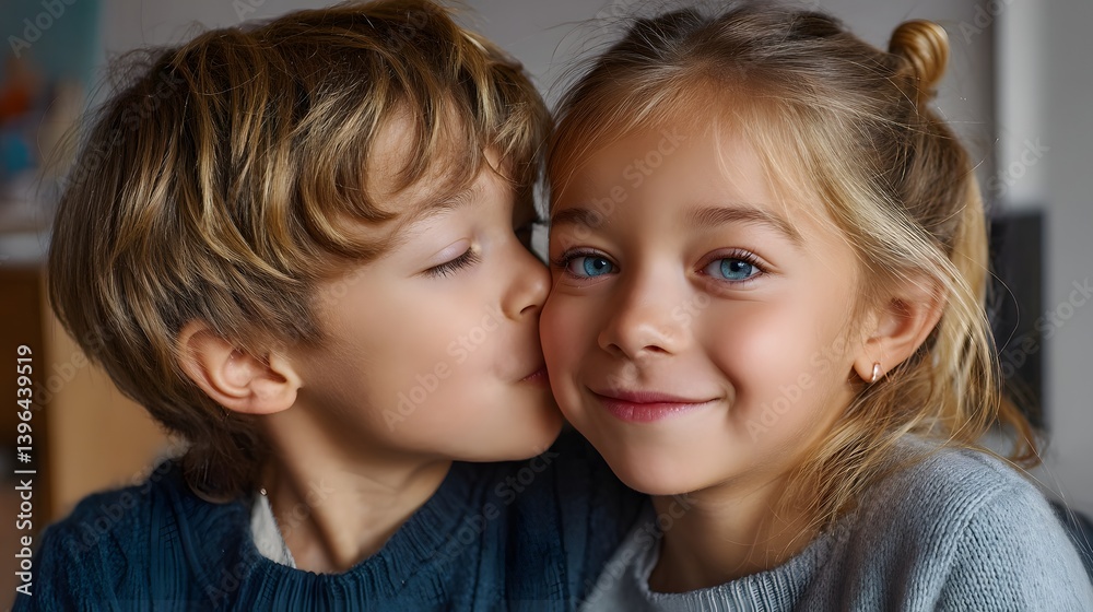 A little boy affectionately kisses a smiling girl on the cheek, showing a sweet sibling bond and affection in a close, heartwarming portrait. A little boy affectionately kisses a smiling girl on the cheek, showing a sweet sibling bond and affection in a close, heartwarming portrait.