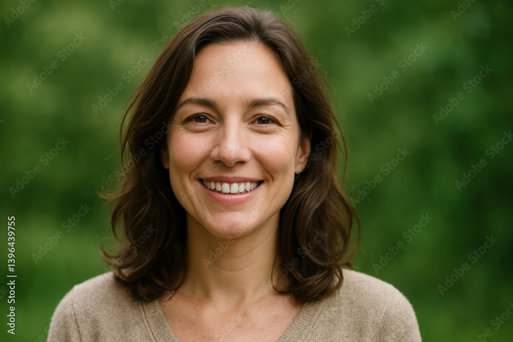 Smiling woman in nature, embracing joyful tranquility Smiling woman in nature, embracing joyful tranquility