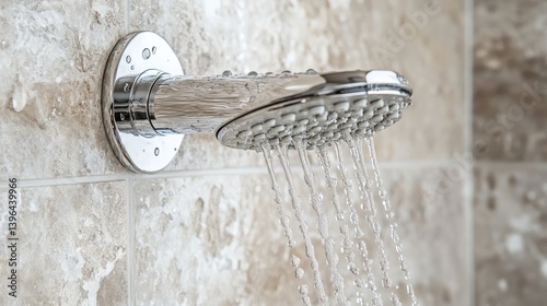 Gentle water flow from a rainfall fixture with droplets splashing lightly on natural stone tiles