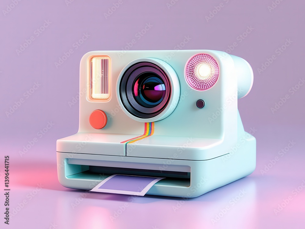 Fototapeta premium A retro Polaroid camera with a unique design, bright colors, and a large lens. Equipped with a colored trigger button and a slot for instant photo output.