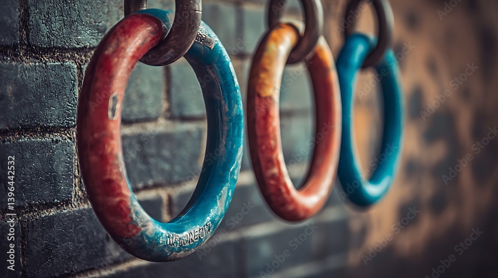 Three weathered gymnastic rings hang on a brick wall. Three weathered gymnastic rings hang on a brick wall.