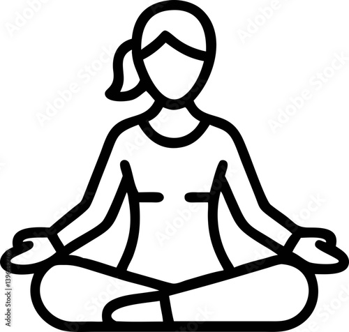 simple line drawing of person sitting cross legged in meditative yoga pose, conveying calmness and relaxation. figure is depicted with minimal detail, focusing on posture