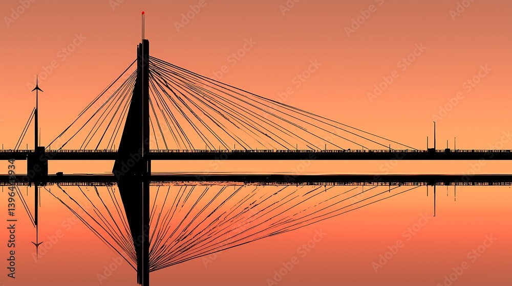 Sunset silhouette of a cable-stayed bridge reflecting on calm water. Sunset silhouette of a cable-stayed bridge reflecting on calm water.