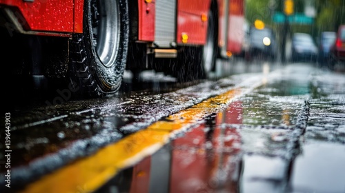 Rain-covered sidewalk capturing the vibrant hues of a parked fire truck's detailed wheel