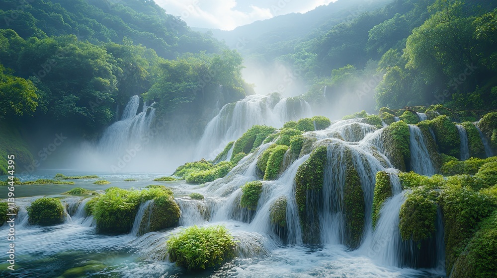 Fototapeta premium A lush green waterfall cascades through a vibrant mountainous landscape