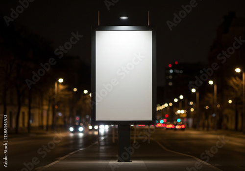Glowing vertical billboard on urban street at night for marketing or digital ad placement