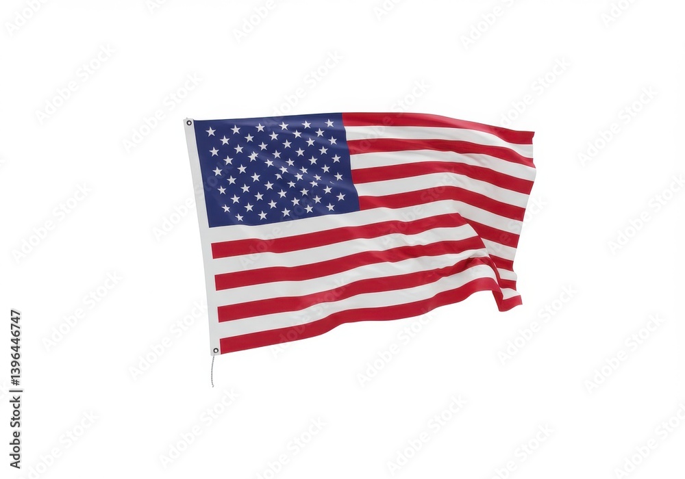 A waving american flag with stars and stripes on a white background in a patriotic display of freedom
