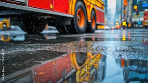 Urban scene featuring close-up of heavy-duty fire truck wheel on damp reflective sidewalk