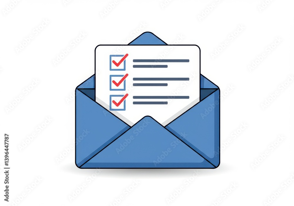 Blue envelope containing a checklist with red checkmarks indicating completed tasks in the email Blue envelope containing a checklist with red checkmarks indicating completed tasks in the email