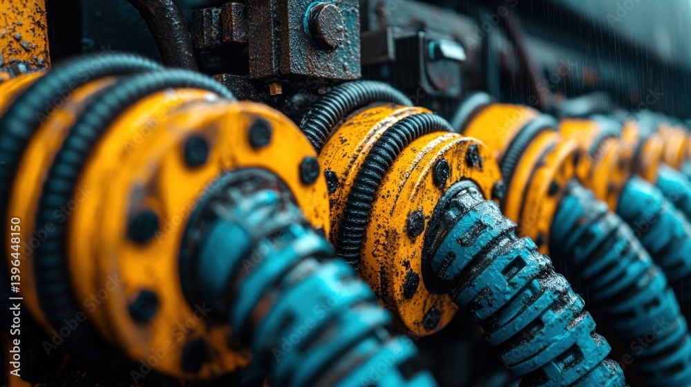 Obraz premium Industrial Yellow and blue pipes connect, detailed, rusted bolts and lines