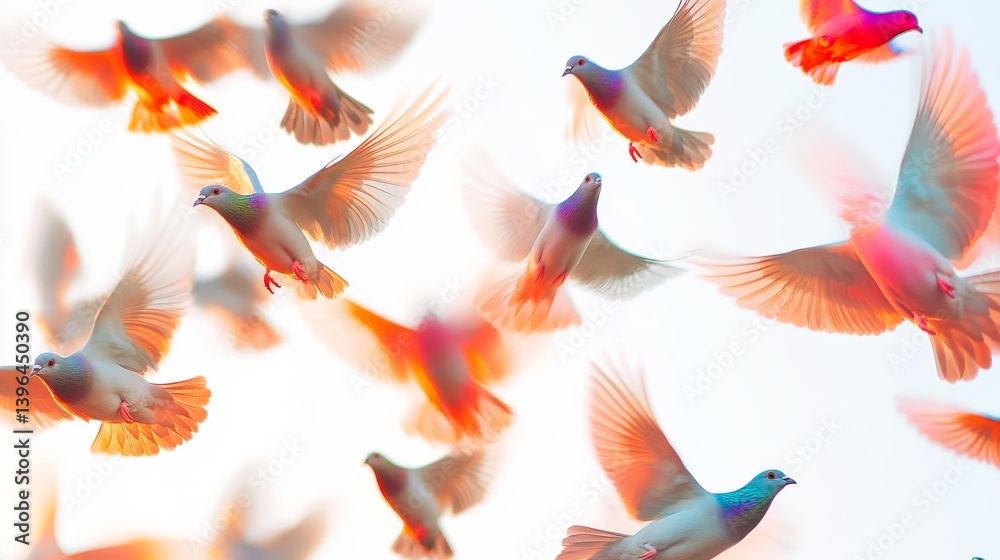 Fototapeta premium 8.A vibrant and detailed view of a flock of pigeons in flight against a pure white background, their varied wing spans and natural fluid motion creating an abstract yet harmonious scene.