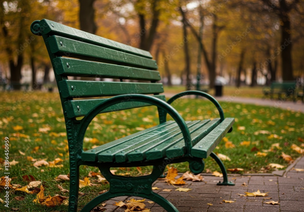 A green park bench in autumn surrounded by fallen leaves and trees in the background of the park A green park bench in autumn surrounded by fallen leaves and trees in the background of the park