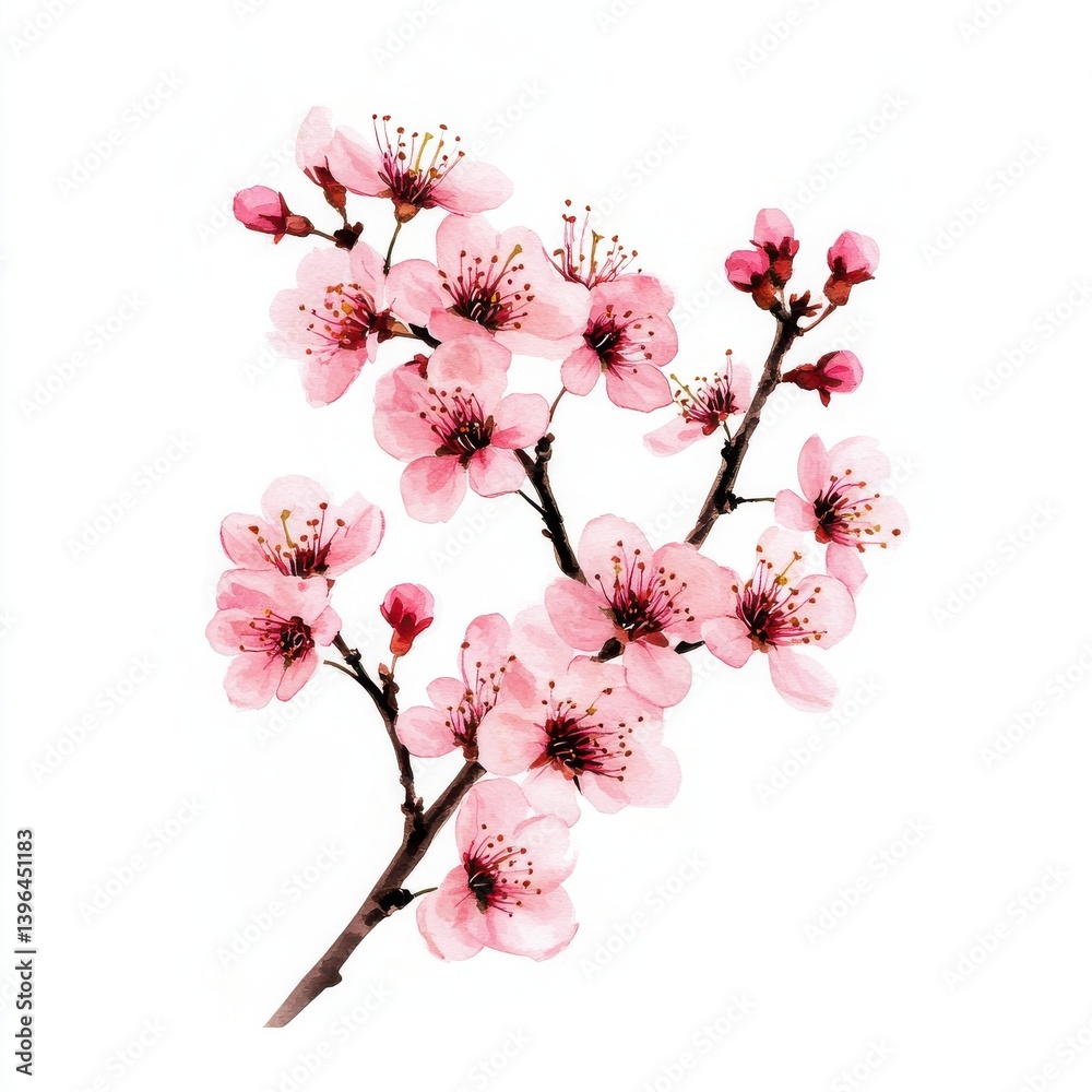 Branch with pink blossoms against a stark white backdrop artwork on transparent background Branch with pink blossoms against a stark white backdrop artwork on transparent background