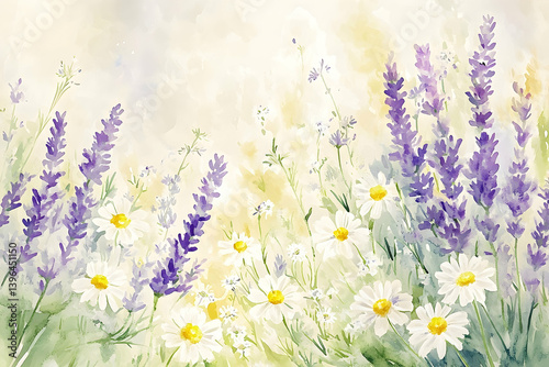 Fototapeta Naklejka Na Ścianę i Meble -  A watercolor painting of lavender and daisy flowers in a meadow.
