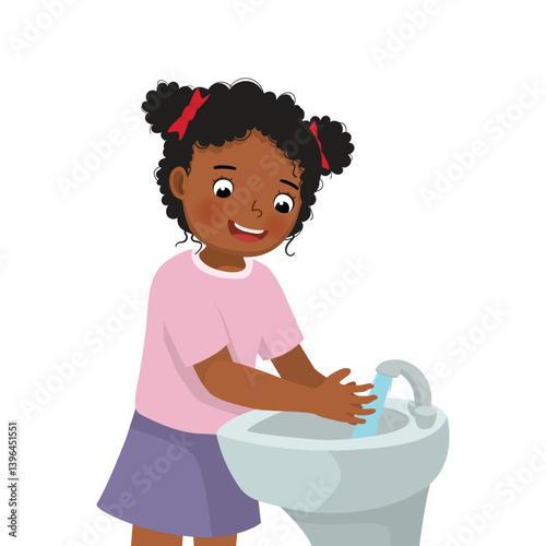 Little African girl washing hands with running water at the sink
