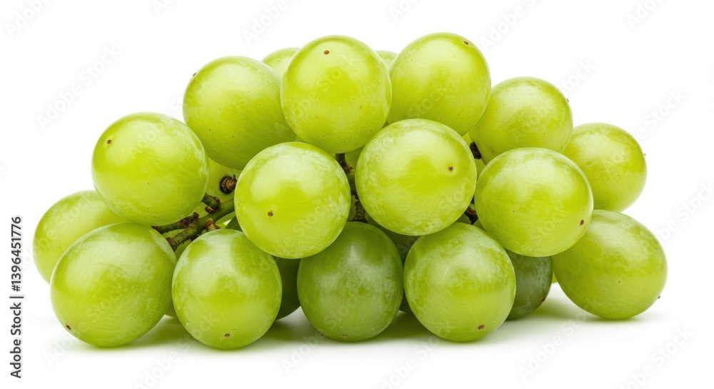 A bunch of vibrant green grapes clustered together on a white background in a studio shot image A bunch of vibrant green grapes clustered together on a white background in a studio shot image