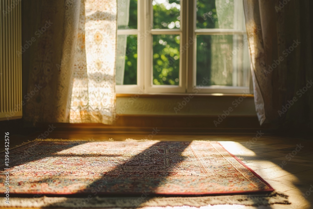 A prayer mat near the window, bathed in soft morning light. Shadows stretch gently across the room