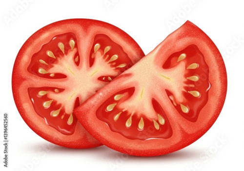 Two tomato slices showing seeds and inner flesh on a white background illustration style image