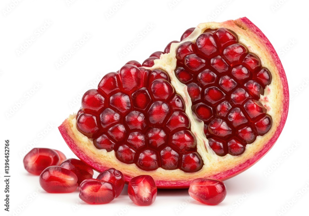 A pomegranate slice with seeds scattered around on a white background in a close up shot view A pomegranate slice with seeds scattered around on a white background in a close up shot view